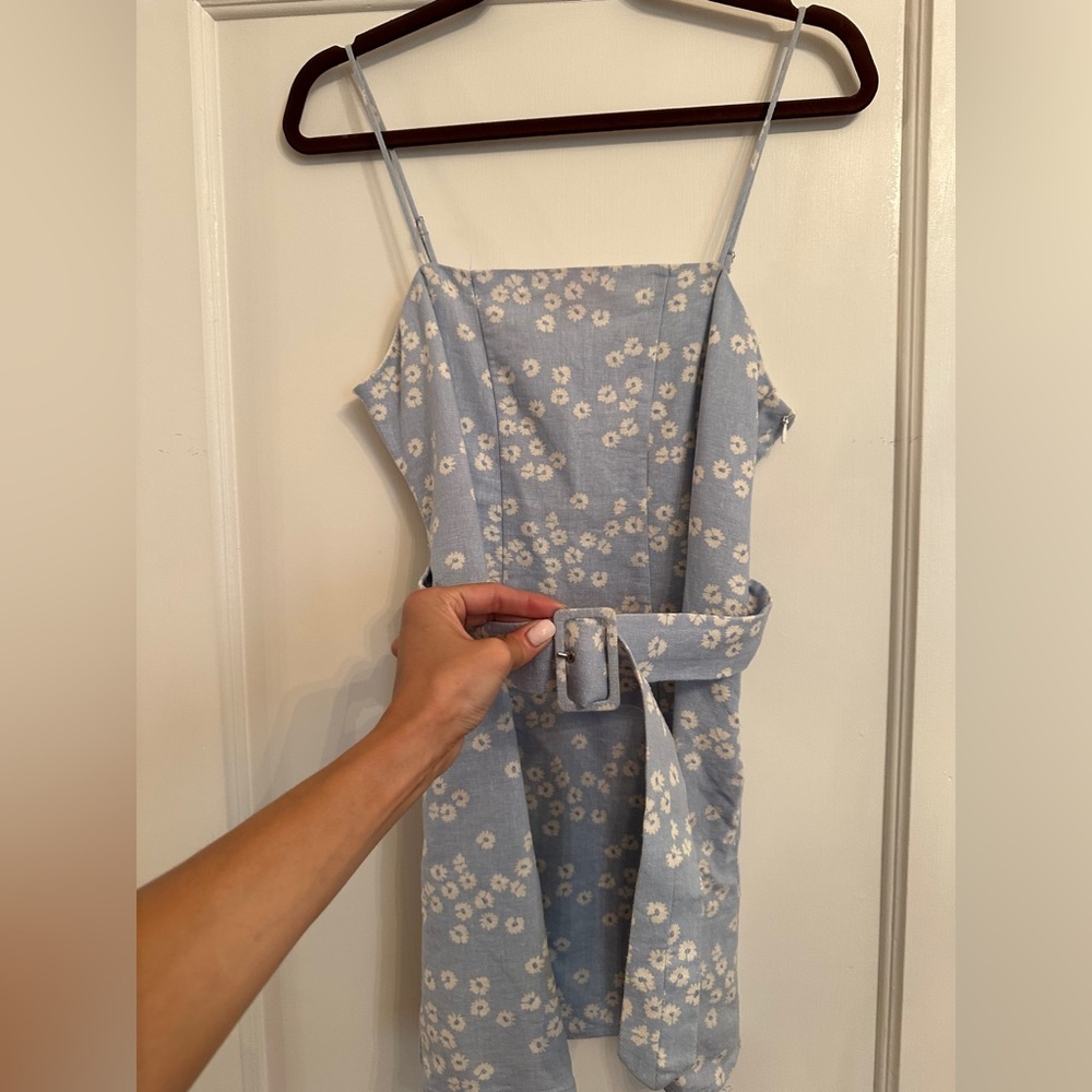 Zara Light Blue White Floral Linen Blend Mini Dress - Picture 2 of 4